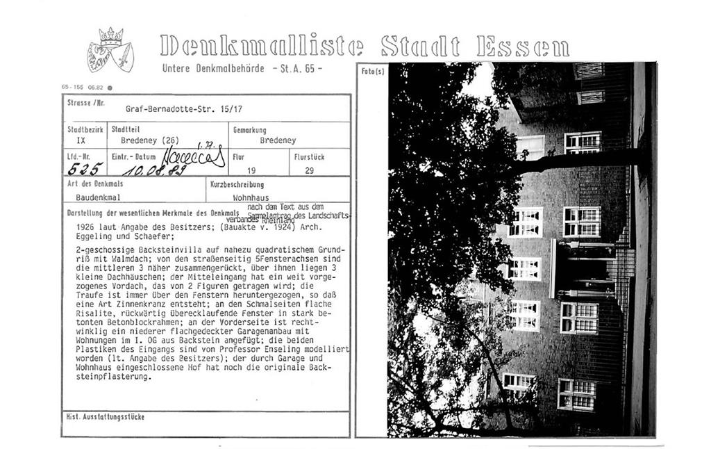 Denkmallistenblatt des Denkmals Wohnhaus Graf-Bernadotte-Straße 15/17 (Denkmallistennummer A 525) der Stadt Essen (PDF-Dokument, 443 KB, 10.08.1989).