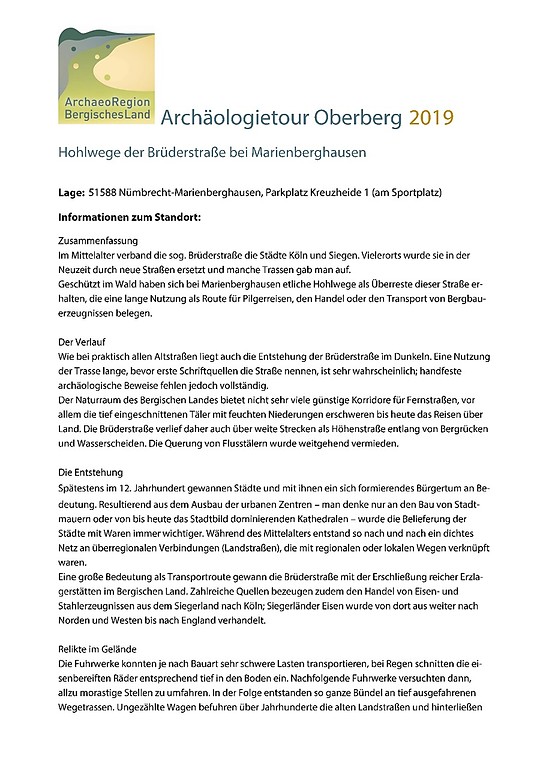 Archäologietour Oberberg 2019, Hohlwege der Brüderstraße bei Marienberghausen, Infoblatt (PDF-Dokument)