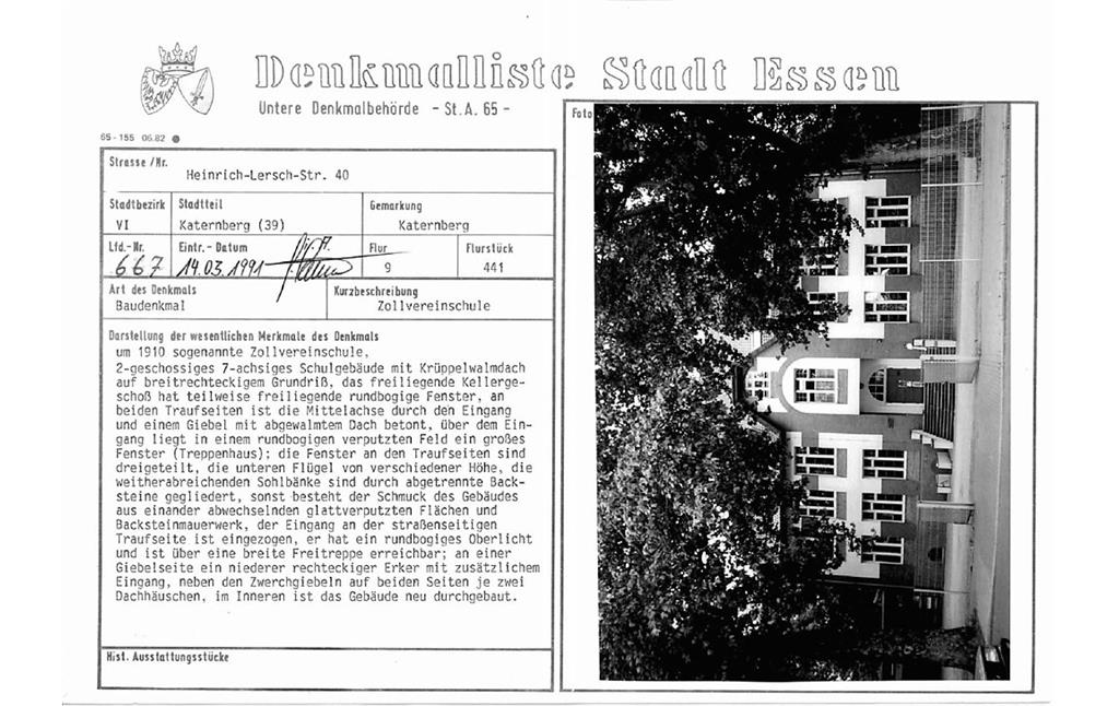 Eintragungsblatt Untere Denkmalbehörde Essen Zollvereinschule in Katernberg