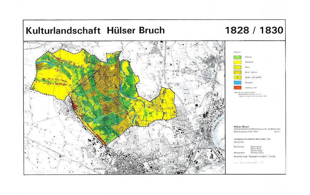 Karte mit den Landnutzungen im Bereich des Hülser Bruches bei Krefeld 1828/1830