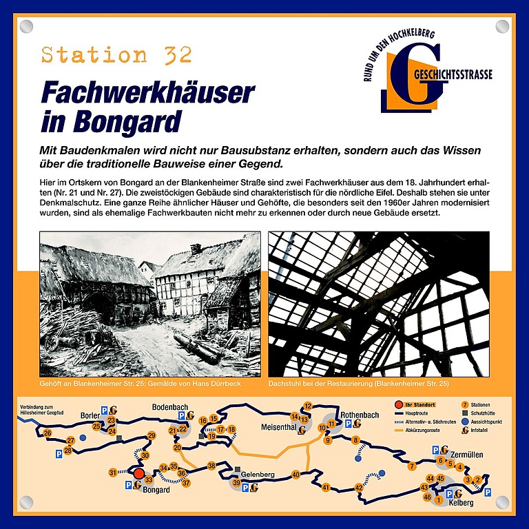 Schautafel der Geschichtsstraße Kelberg zu Fachwerkhäusern in Bongard (Station 32)