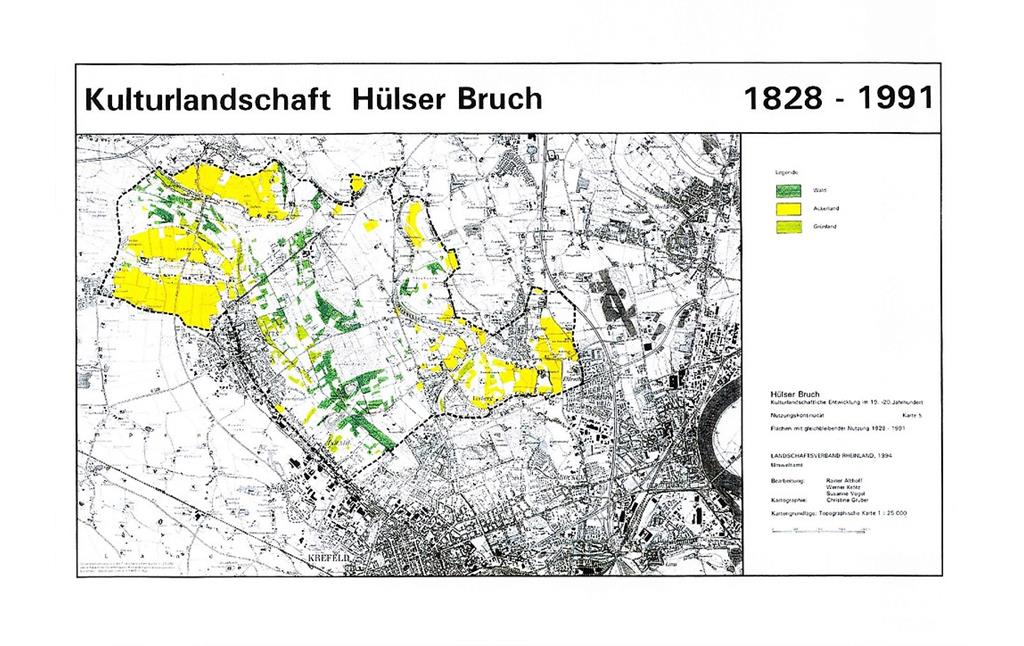 Karte der Kontinuität der Landnutzungen im Bereich des Hülser Bruches bei Krefeld von 1828 bis 1991