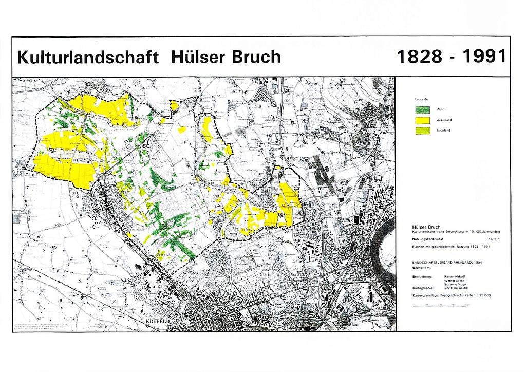Karte der Kontinuität der Landnutzungen im Bereich des Hülser Bruches bei Krefeld von 1828 bis 1991