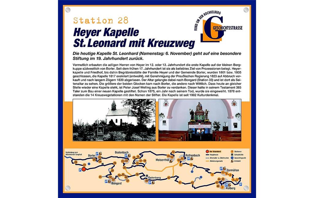Schautafel der Geschichtsstraße Kelberg zur Heyer Kapelle St. Leonard mit Kreuzweg bei Borler (Station 28)