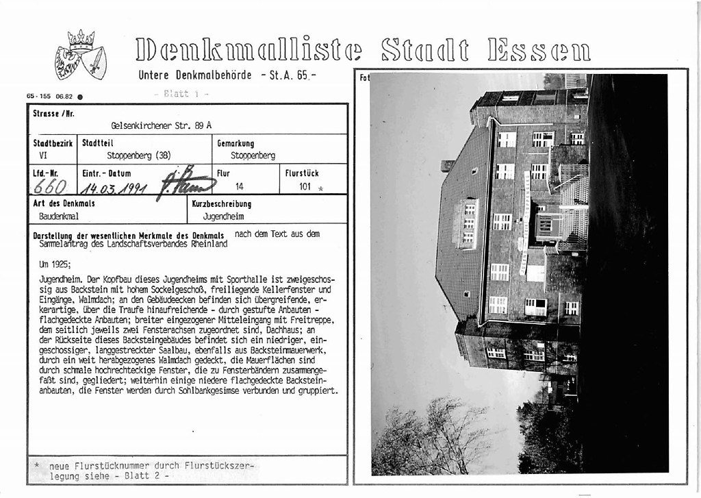 Eintragungsblatt Untere Denkmalbehörde Essen Jugendheim in Stoppenberg