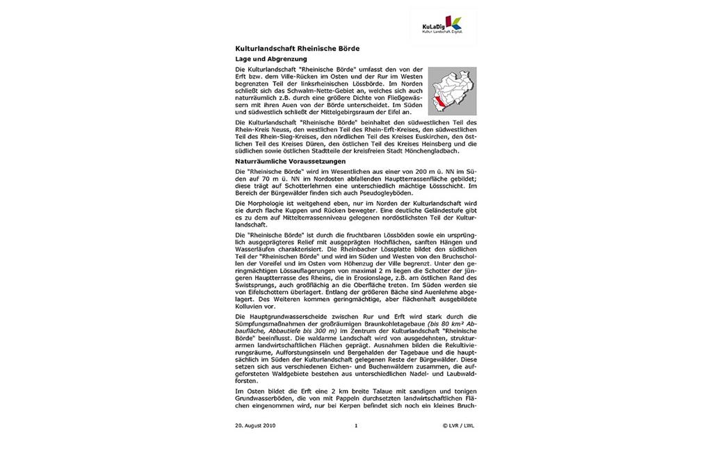 Beschreibender Text zur Kulturlandschaft "Rheinische Börde" in Nordrhein-Westfalen