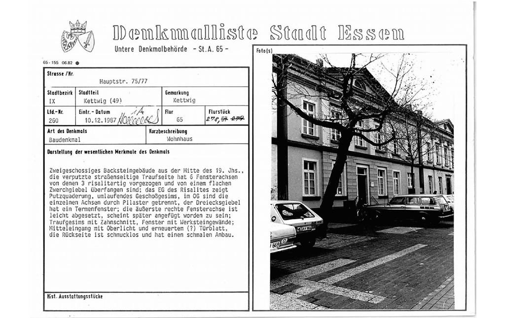Wohnhaus Hauptstraße 75-77  (Stadt Essen Baudenkmal Nummer 260) in  Essen Kettwig