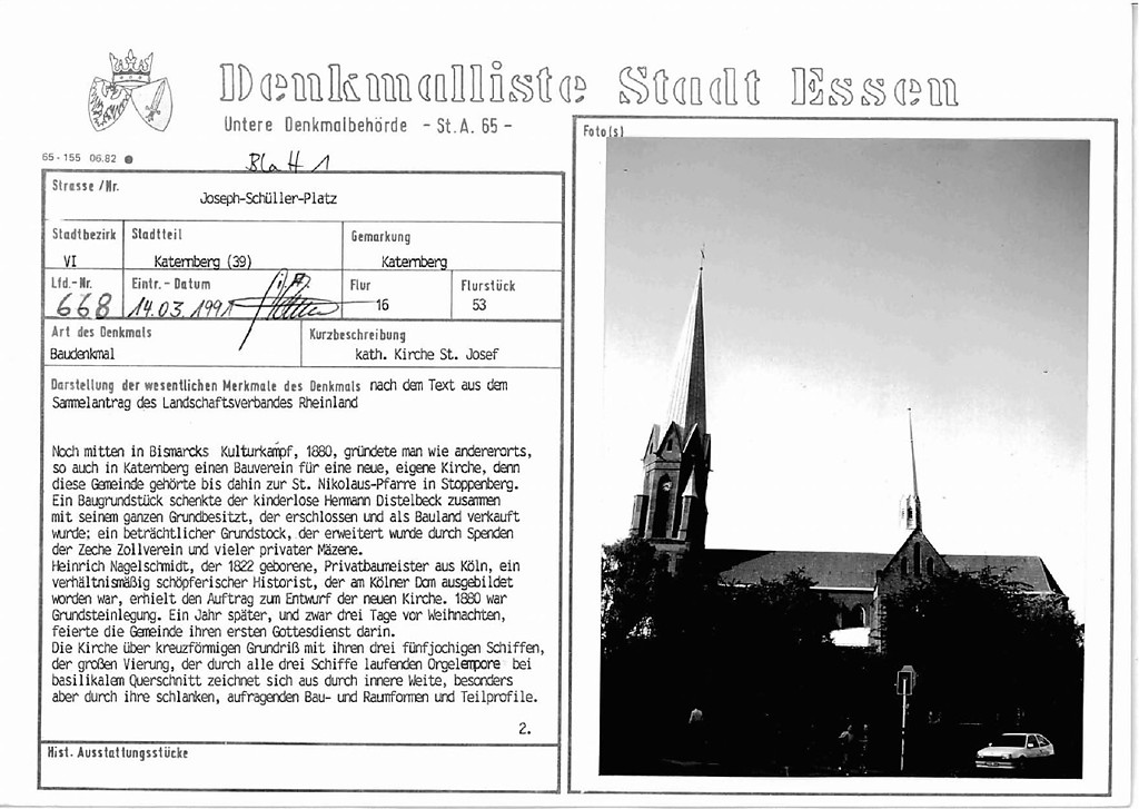 Eintragungsblatt Untere Denkmalbehörde Essen Katholische Kirche Sankt Josef in Katernberg