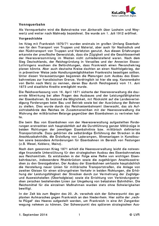 Textliche Beschreibung zur Vennquerbahn (PDF, 2014)