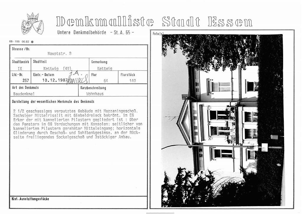 Wohnhaus aus dem 19. Jahrhundert (Stadt Essen Baudenkmal Nummer 257):  Hauptstraße 8, Essen Kettwig