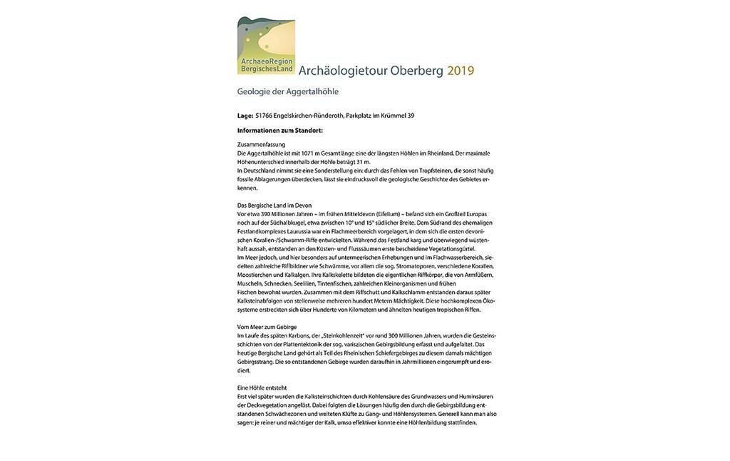 Archäologietour Oberberg 2019, Geologie der Aggertalhöhle, Infoblatt (PDF-Dokument)