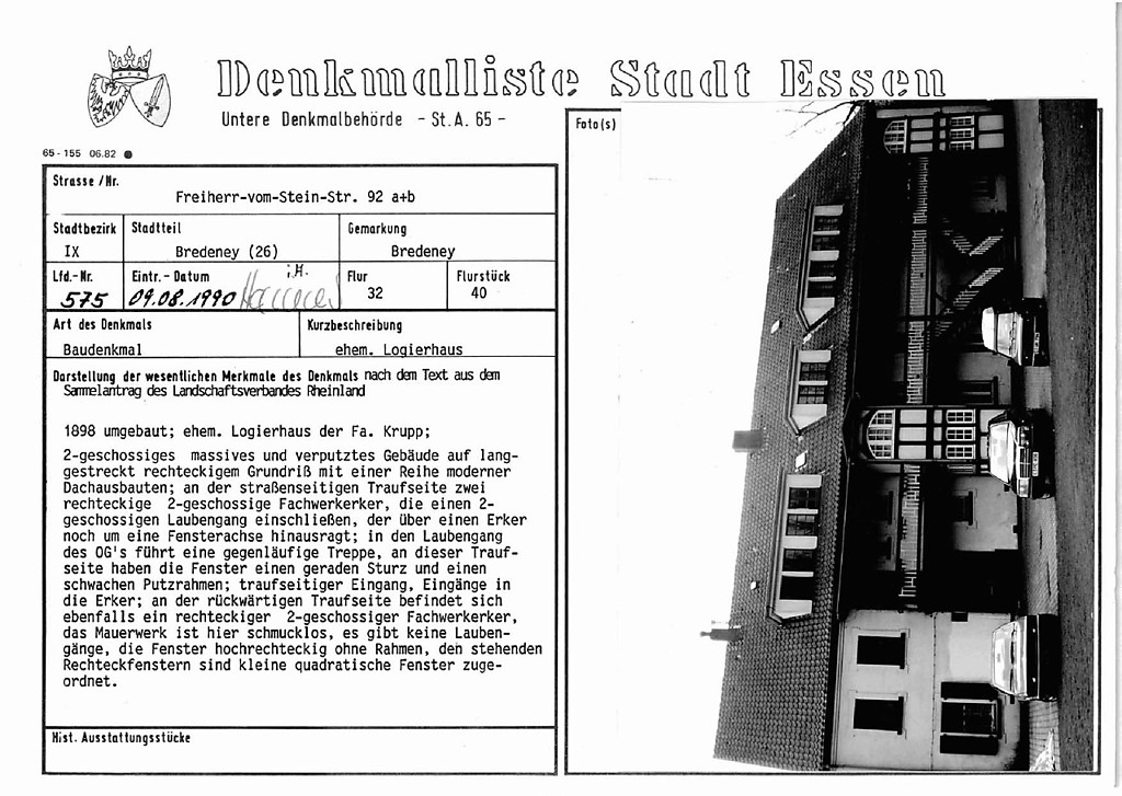 Denkmallistenblatt des Denkmals ehemalig Logierhaus Freiherr-vom-Stein-Str. 92 a/b (Denkmallistennummer A 575) der Stadt Essen