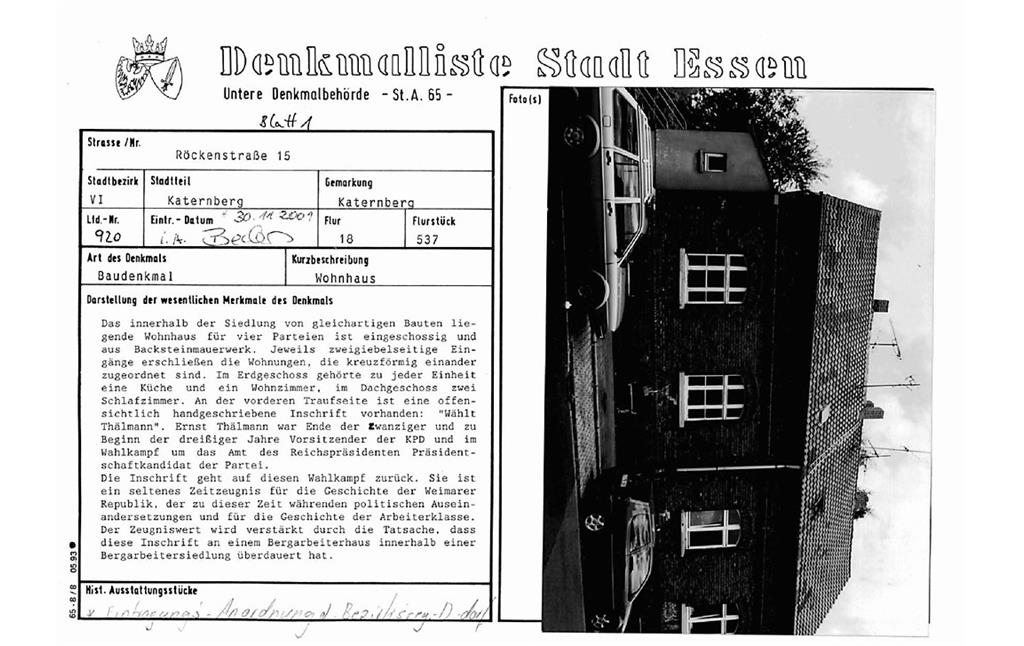 Eintragungsblatt Untere Denkmalbehörde Essen Wohnhaus Röckenstraße 15