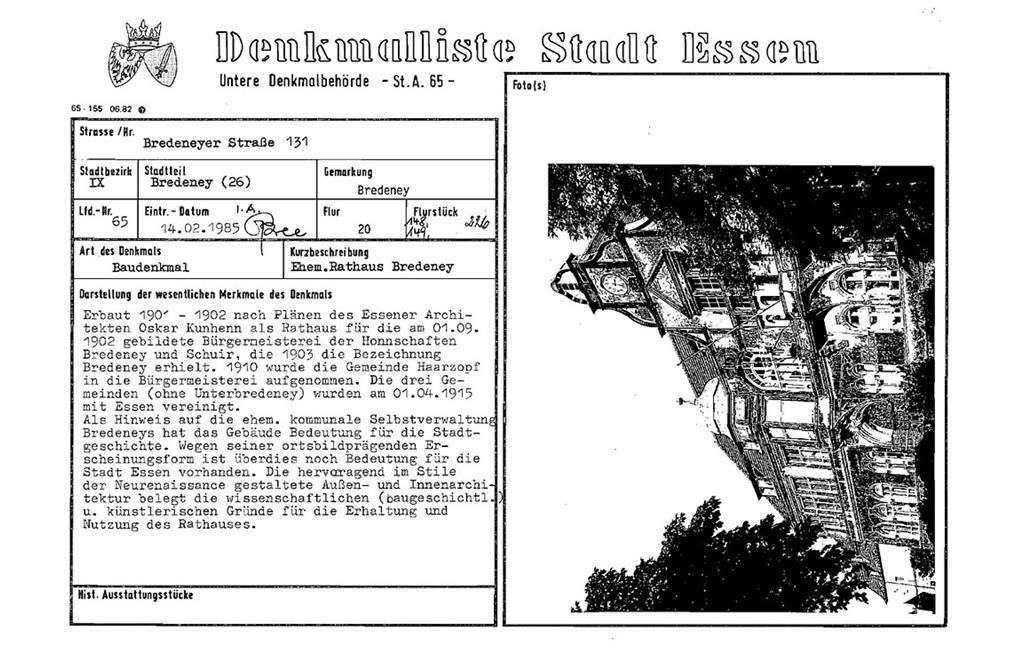 Denkmallistenblatt des Denkmals "Ehemaliges Rathaus in Bredeney" Bredeneyer Straße 131 (Denkmallistennummer A 65) der Stadt Essen (PDF-Dokument, 384 KB, 14.02.1985).