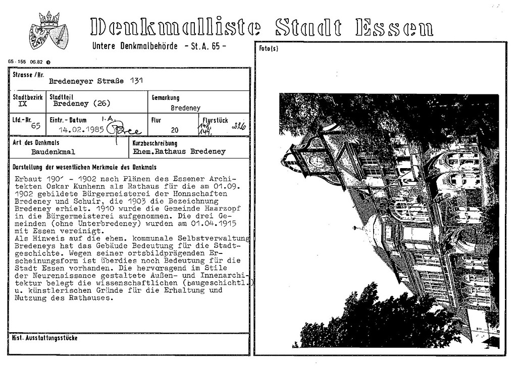 Denkmallistenblatt des Denkmals "Ehemaliges Rathaus in Bredeney" Bredeneyer Straße 131 (Denkmallistennummer A 65) der Stadt Essen (PDF-Dokument, 384 KB, 14.02.1985).