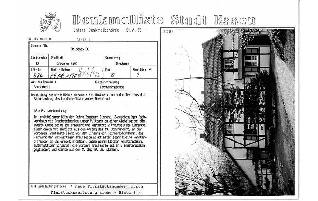 Denkmallistenblatt des Denkmals Fachwerkgebäude Baldeney 36 (Denkmallistennummer A 574) der Stadt Essen