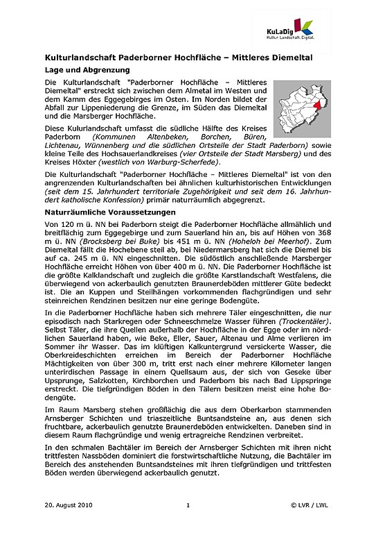 Beschreibender Text zur Kulturlandschaft "Paderborner Hochfläche - Mittleres Diemeltal" in Nordrhein-Westfalen