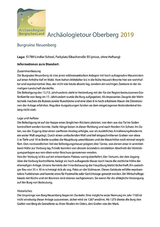 Archäologietour Oberberg 2019, Burgruine Neuenburg, Infoblatt (PDF-Dokument)