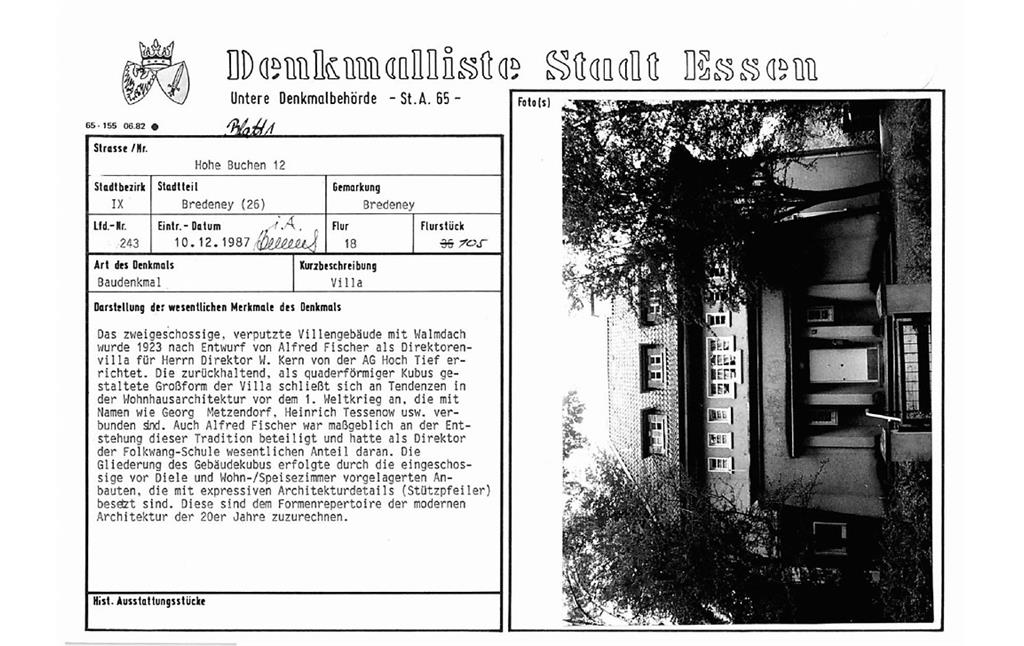 Denkmallistenblatt des Denkmals Villa Hohe Buchen 12 (Denkmallistennummer A 243) der Stadt Essen