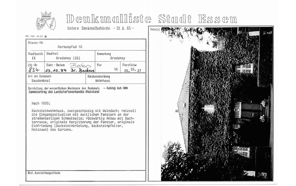 Denkmallistenblatt des Denkmals Wohnhaus Markuspfad 10 (Denkmallistennummer A 834) der Stadt Essen