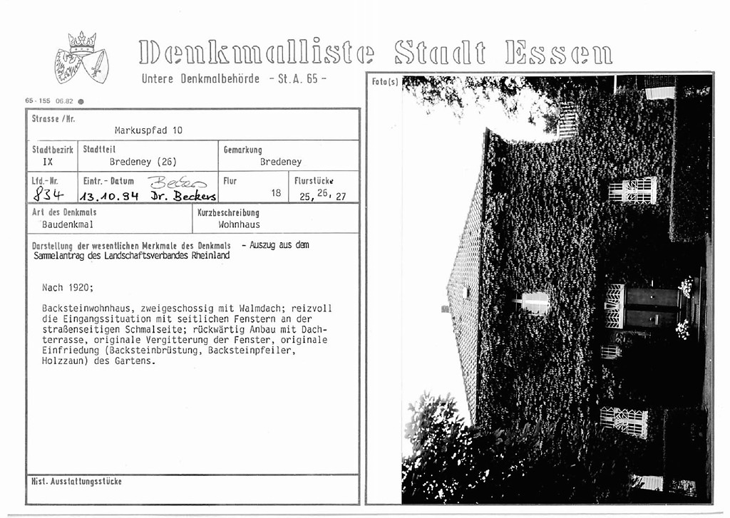Denkmallistenblatt des Denkmals Wohnhaus Markuspfad 10 (Denkmallistennummer A 834) der Stadt Essen