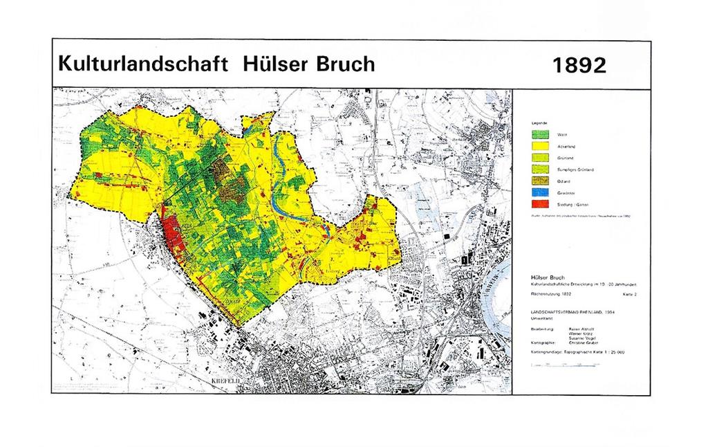 Karte mit den Landnutzungen im Bereich des Hülser Bruches bei Krefeld 1892
