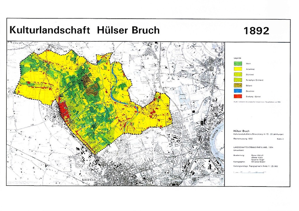 Karte mit den Landnutzungen im Bereich des Hülser Bruches bei Krefeld 1892
