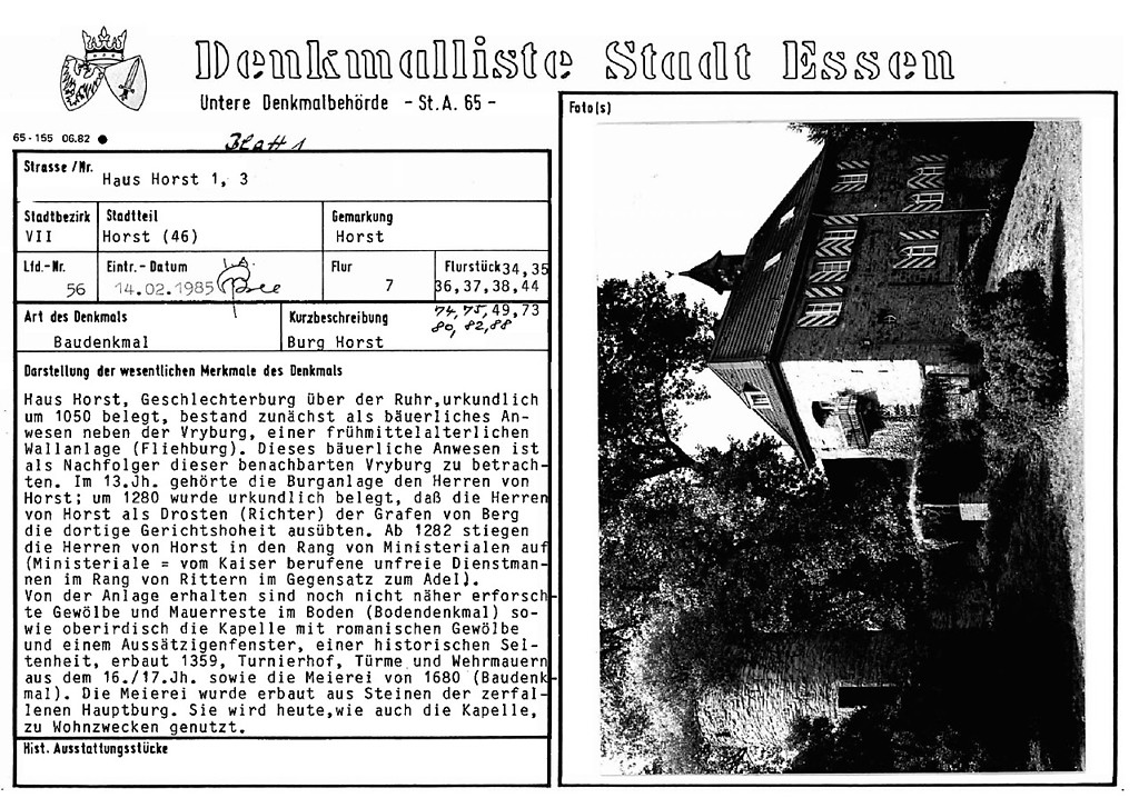 Scan der Eintragungskarte der Denkmalliste der Stadt Essen: Baudenkmal Haus Horst