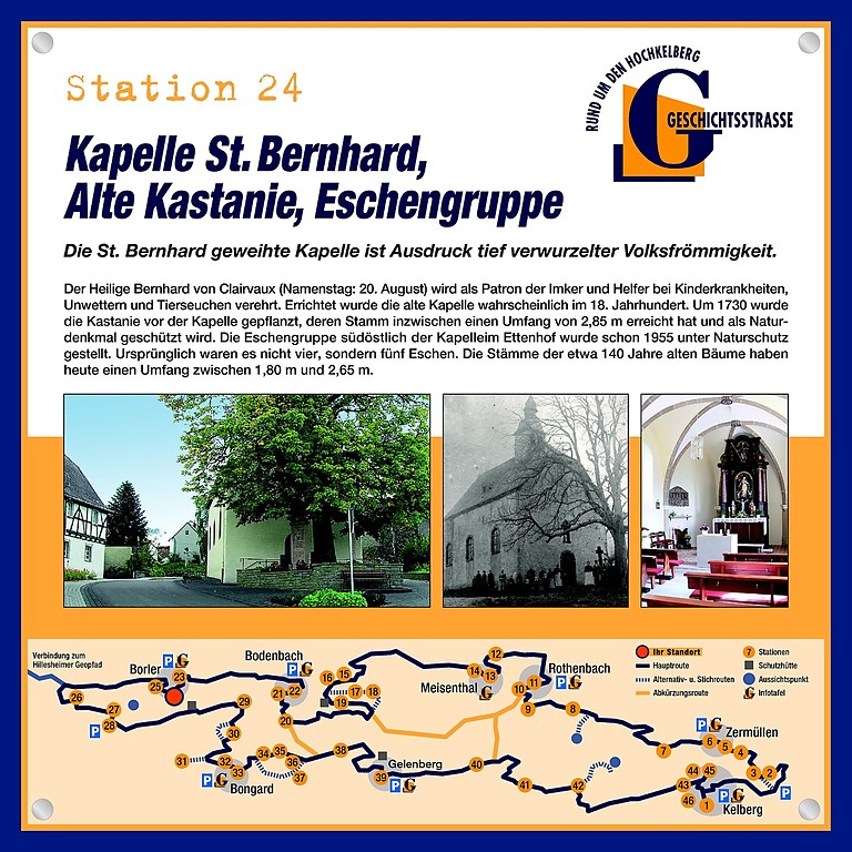 Schautafel der Geschichtsstraße Kelberg zur St. Bernhard-Kapelle und zu den bei ihr stehenden Bäumen (Station 24)