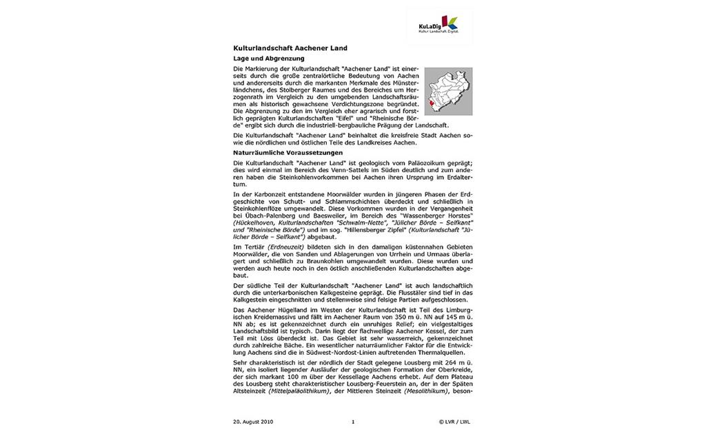Beschreibender Text zur Kulturlandschaft "Aachener Land" in Nordrhein-Westfalen