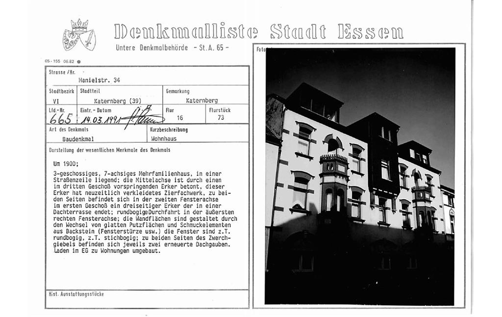 Eintragungsblatt Untere Denkmalbehörde Essen Mehrfamilienhaus Hanielstraße 34 Katernberg