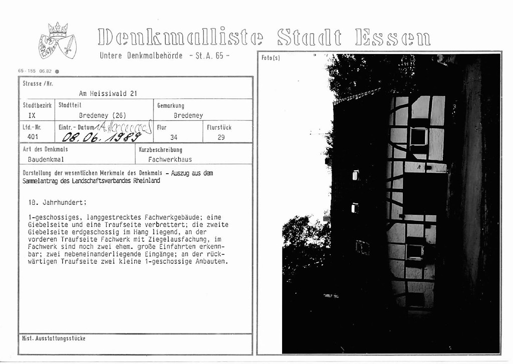 Denkmallistenblatt des Denkmals Fachwerkhaus Am Heissiwald 21 (Denkmallistennummer A 401) der Stadt Essen