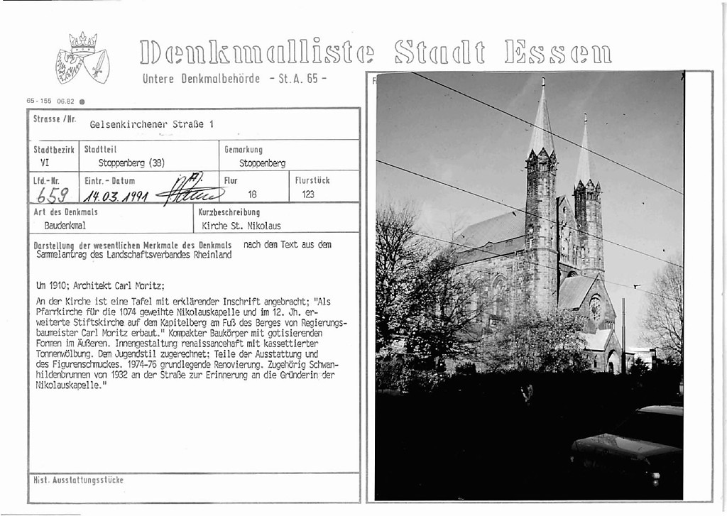 Eintragungsblatt Untere Denkmalbehörde Essen Katholische Pfarrkirche Sankt Nikolaus Stoppenberg