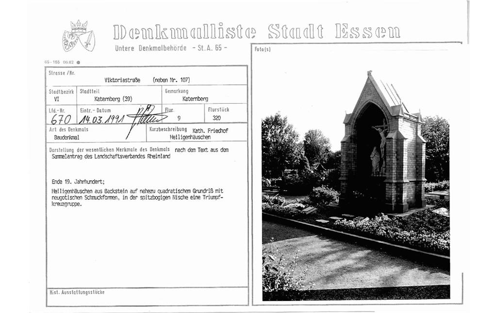 Eintragungsblatt Untere Denkmalbehörde Essen Heiligenhäuschen auf dem katholischen Friedhof Katernberg