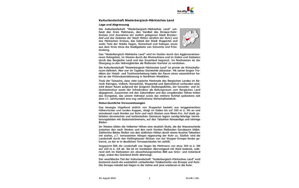 Beschreibender Text zur Kulturlandschaft "Niederbergisch-Märkisches Land" in Nordrhein-Westfalen