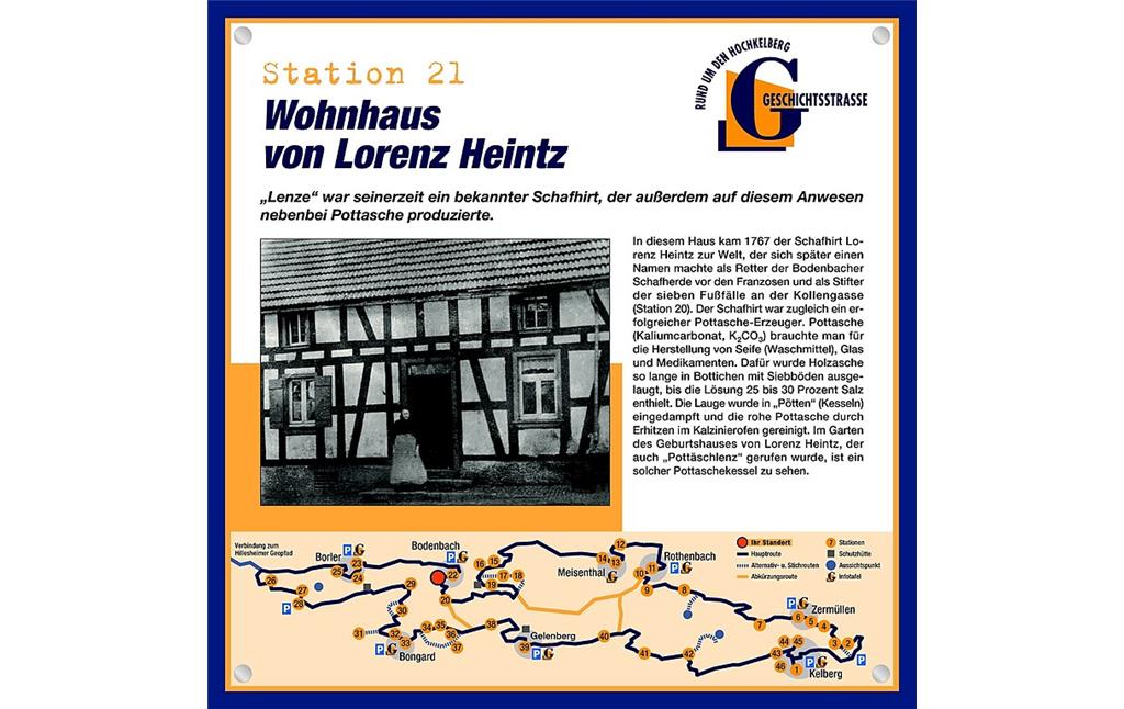 Schautafel der Geschichtsstraße Kelberg zum Wohnhaus von Lorenz Heintz in Bodenbach (Station 21)