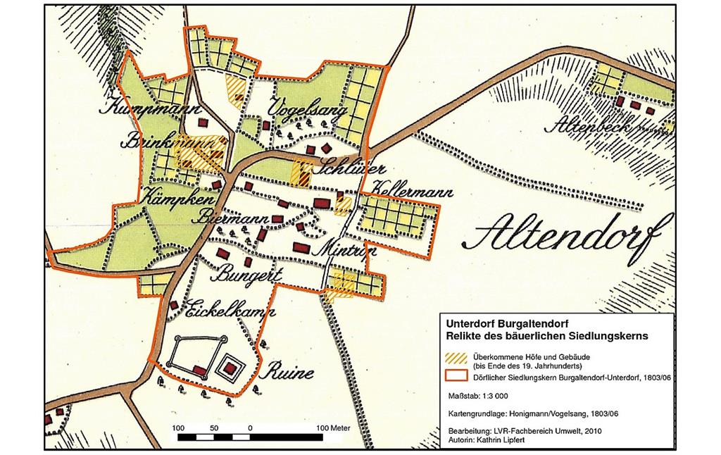 Karte der bäuerlichen Kulturlandschaft Burgaltendorf-Oberdorf, im Ausschnitt das Unterdorf Burgaltendorf (2010).