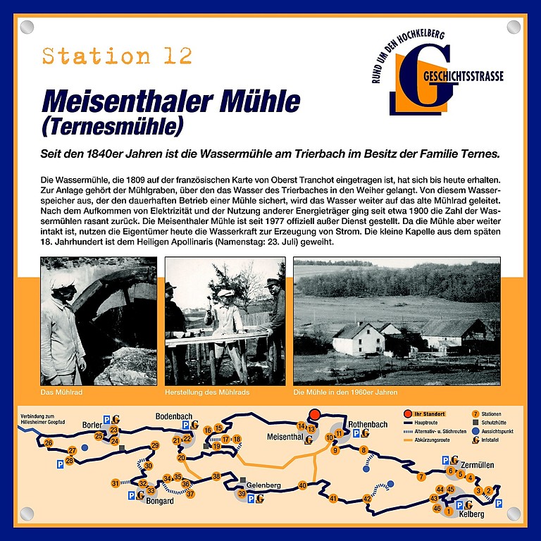 Schautafel der Geschichtsstraße Kelberg zur Meisenthaler Mühle (auch Ternesmühle genannt; Station 12)