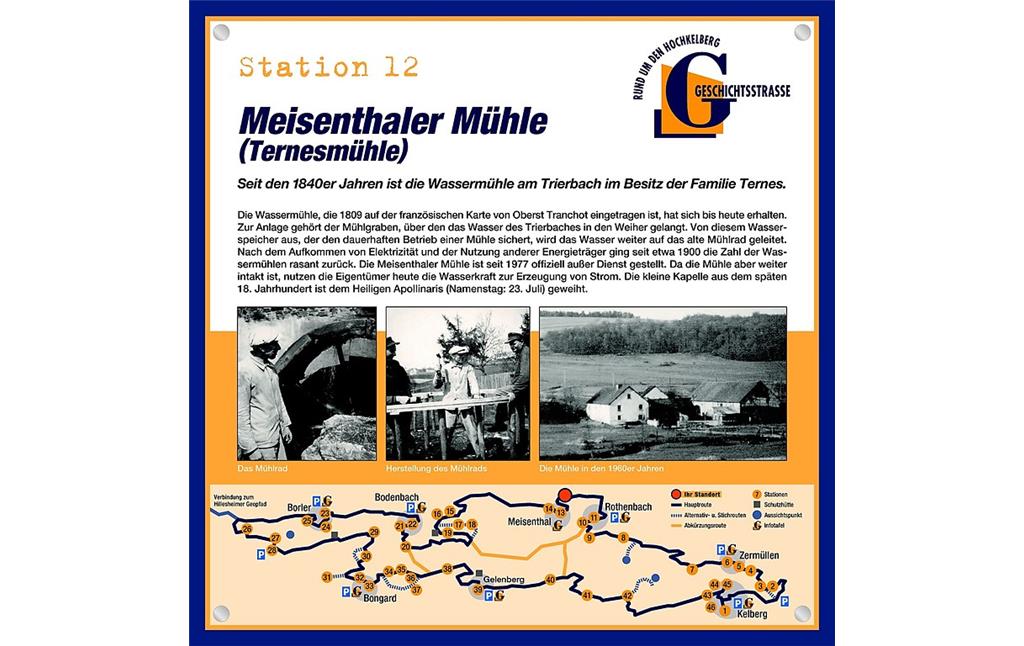 Schautafel der Geschichtsstraße Kelberg zur Meisenthaler Mühle (auch Ternesmühle genannt; Station 12)