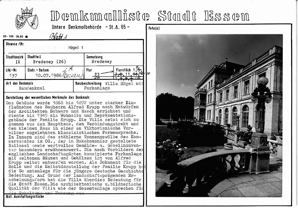 PDF-Dokument, Eintragungskarte der Villa Hügel als Baudenkmal in die Denkmalliste der Stadt Essen unter der laufenden Nummer 137, Stadtbezirk IX.