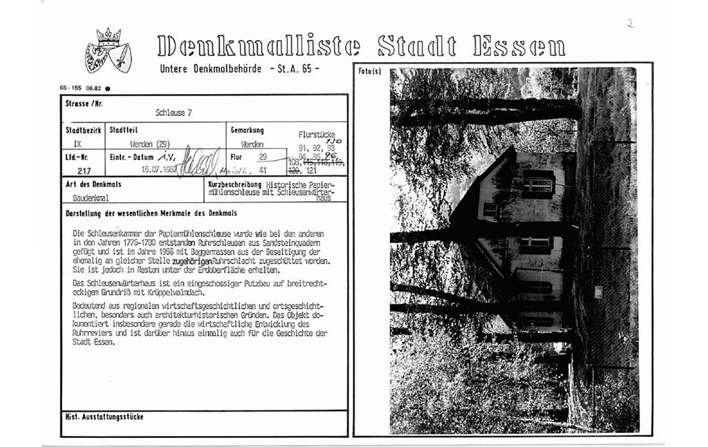 Eintragungsblatt Untere Denkmalbehörde Essen Erste Papiermühlenschleuse in Werden