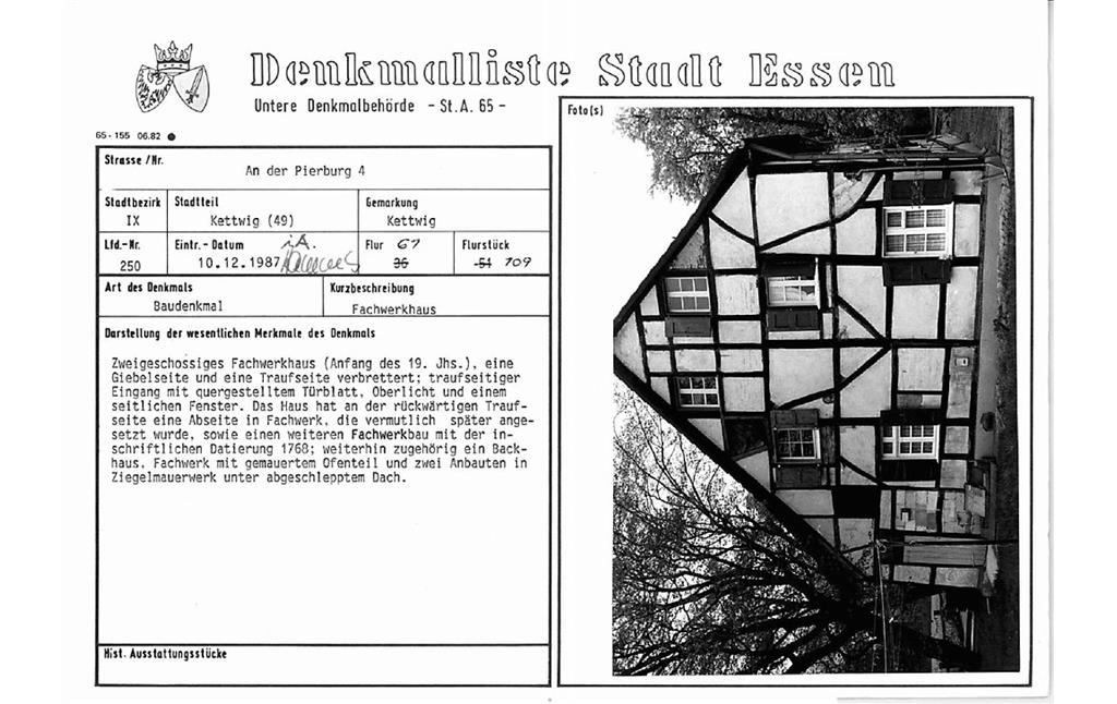 PDF-Datei der Eintragung Denkmalpflege Essen Baudenkmal Nummer 250 Kotten Im Büschken