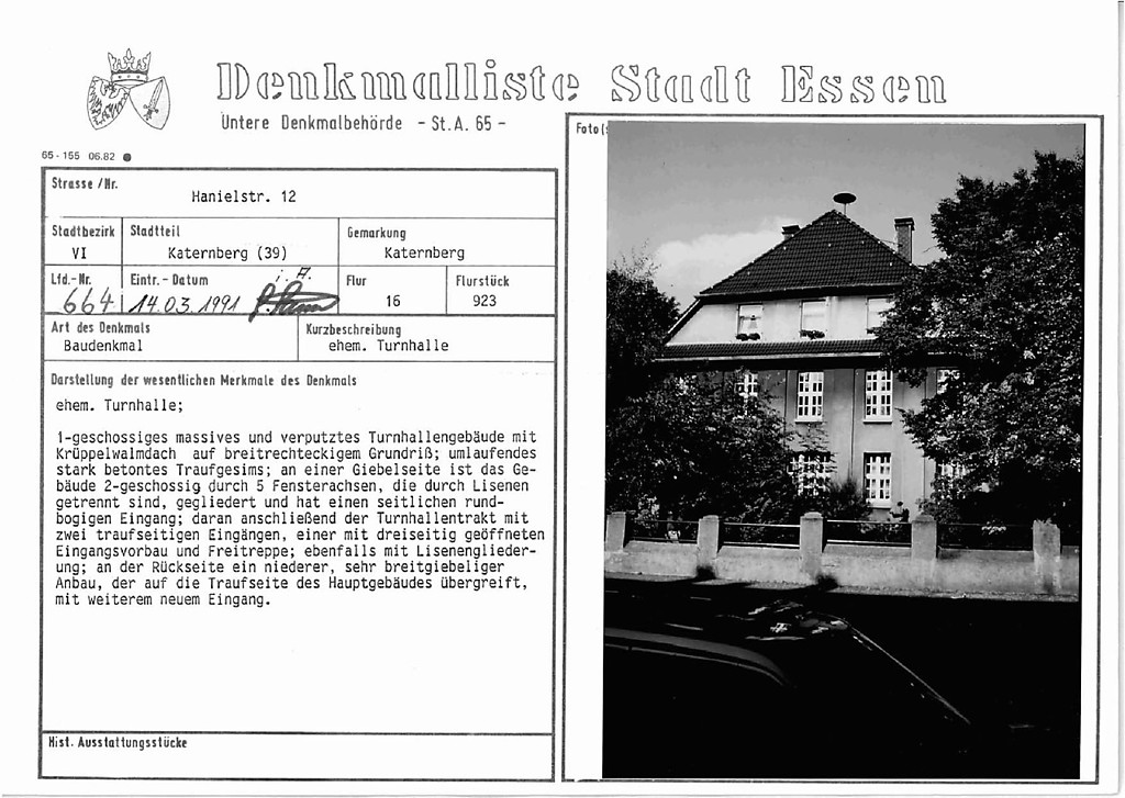 Eintragungsblatt Untere Denkmalbehörde Essen Ehemalige Turnhalle Hanielstraße in Katernberg