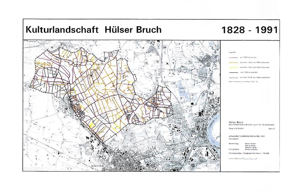 Karte mit der Entwicklung des Wegenetzes im Bereich des Hülser Bruches bei Krefeld von 1828 bis 1991