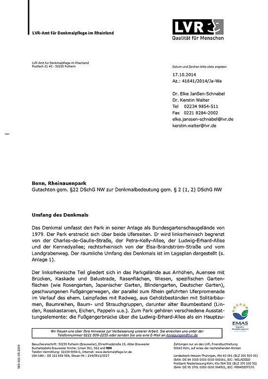 Gutachten zur Denkmalbedeutung des Bonner Rheinauenparks des LVR-Amtes für Denkmalpflege im Rheinland vom Oktober 2014 (PDF-Datei 202 kB)