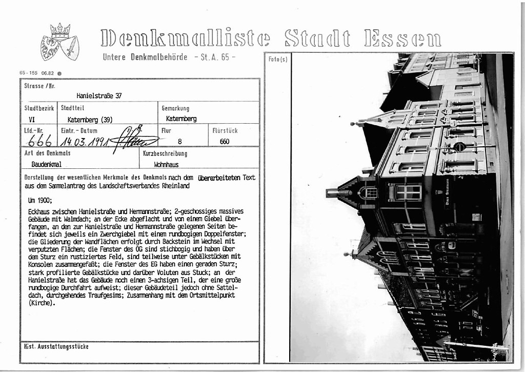 Eintragungsblatt Untere Denkmalbehörde Essen Haus Stratmann in Katernberg