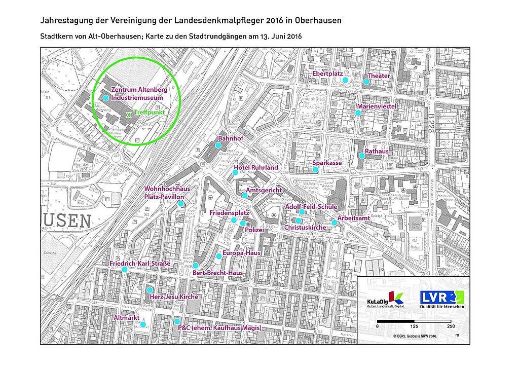 Übersichtskarte des Stadtkerns von Alt-Oberhausen mit ausgewählten Straßen, Plätzen und Bauten