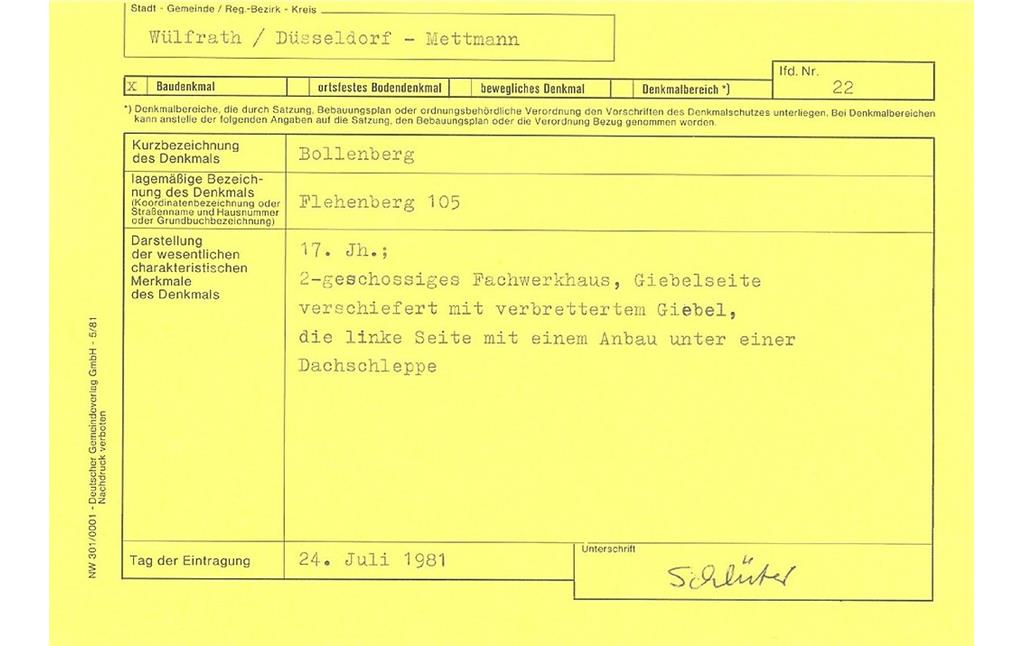 Fachwerkwohnhaus "Bollenberg", Flehenberg 105, Wülfrath, Denkmallistenblatt