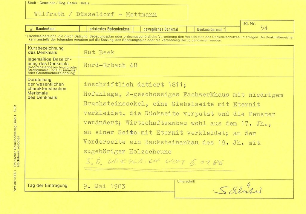 Gut Beek, Nord-Erbach 48, Wülfrath, Denkmallistenblatt