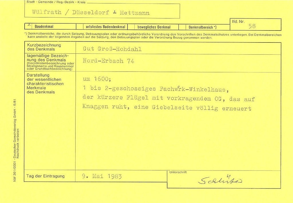 Gut Groß-Hochdahl, Nord-Erbach 74, Wülfrath, Denkmallistenblatt